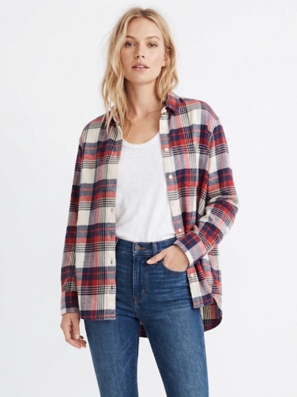 Madewell red and blue plaid flannel button down shirt size medium